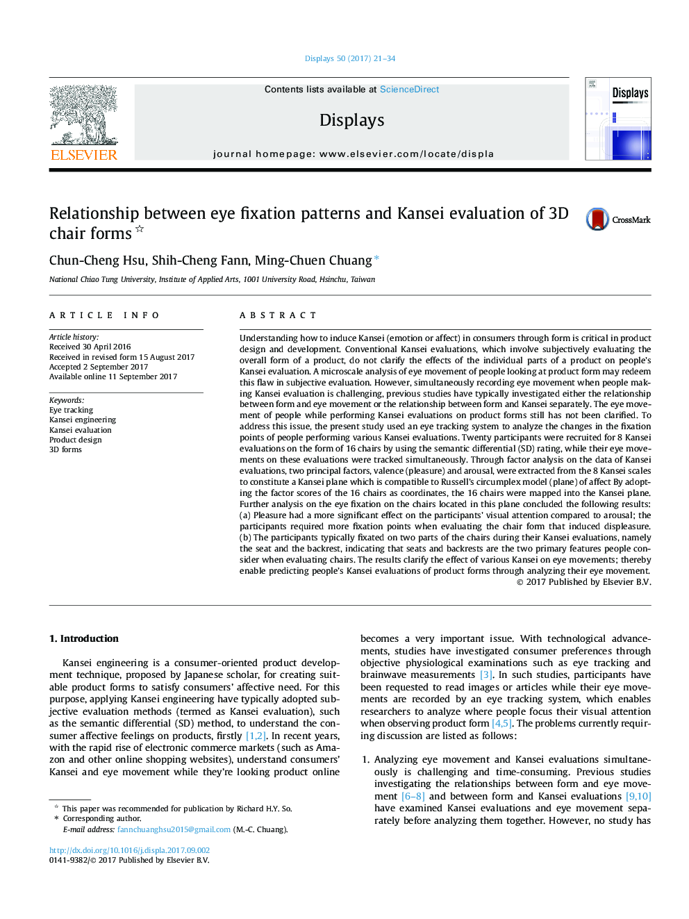 Relationship between eye fixation patterns and Kansei evaluation of 3D chair forms