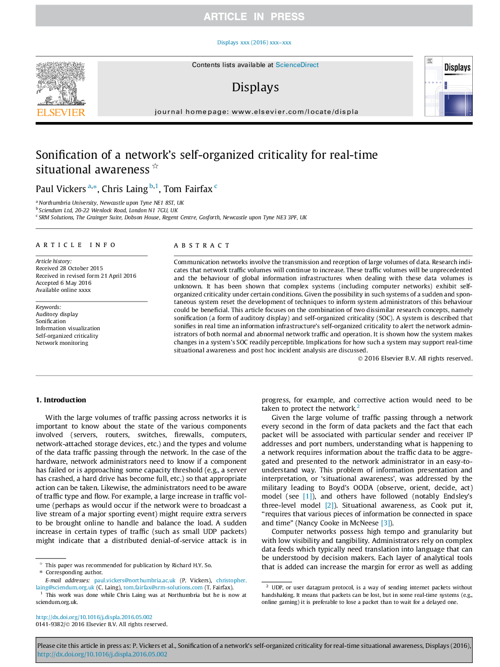 Sonification of a network's self-organized criticality for real-time situational awareness