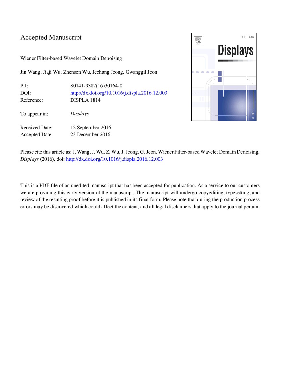 Wiener filter-based wavelet domain denoising