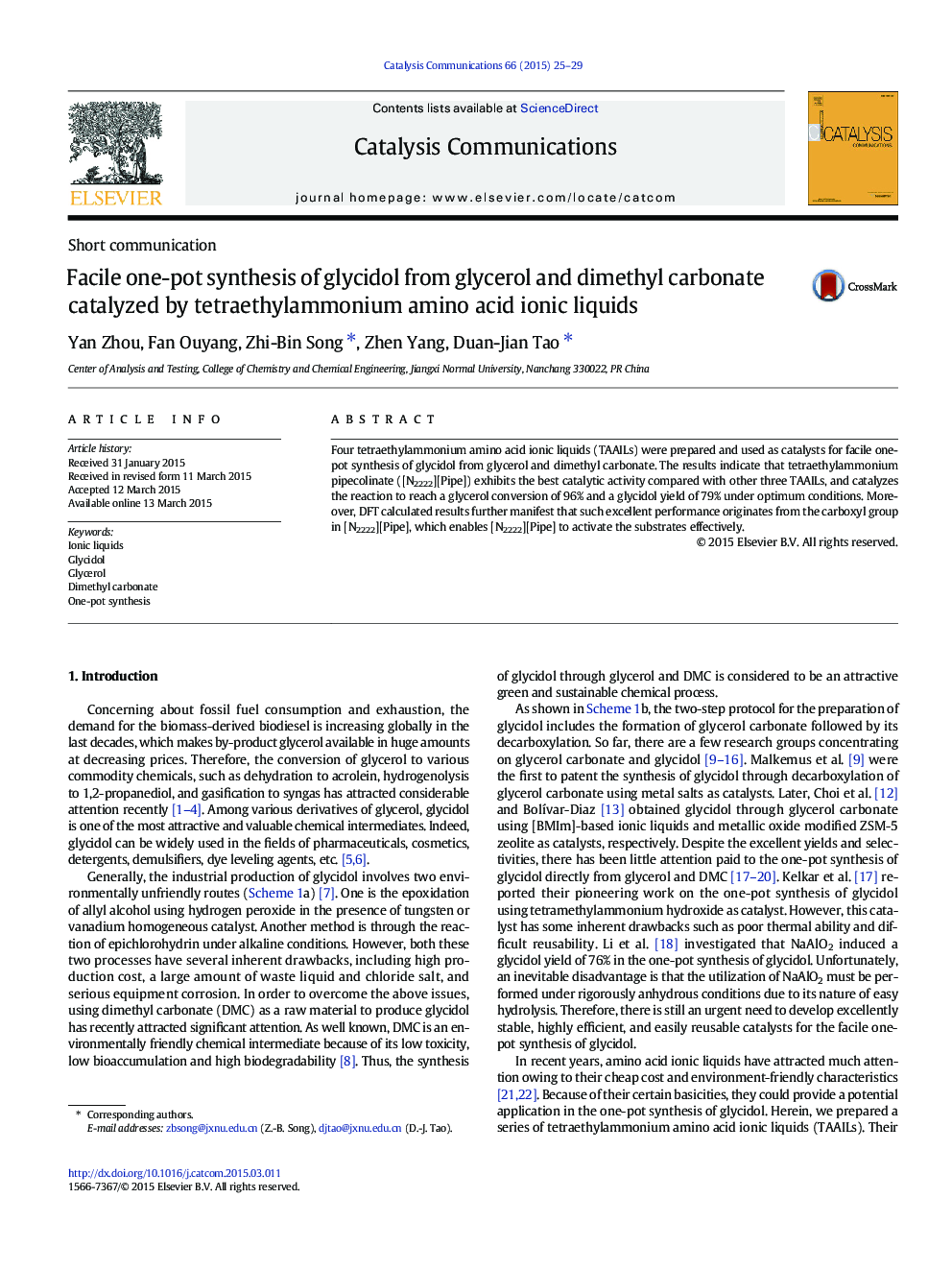 Facile one-pot synthesis of glycidol from glycerol and dimethyl carbonate catalyzed by tetraethylammonium amino acid ionic liquids