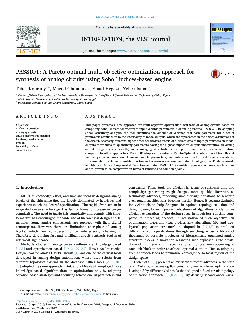 PASSIOT: A Pareto-optimal multi-objective optimization approach for synthesis of analog circuits using Sobol' indices-based engine