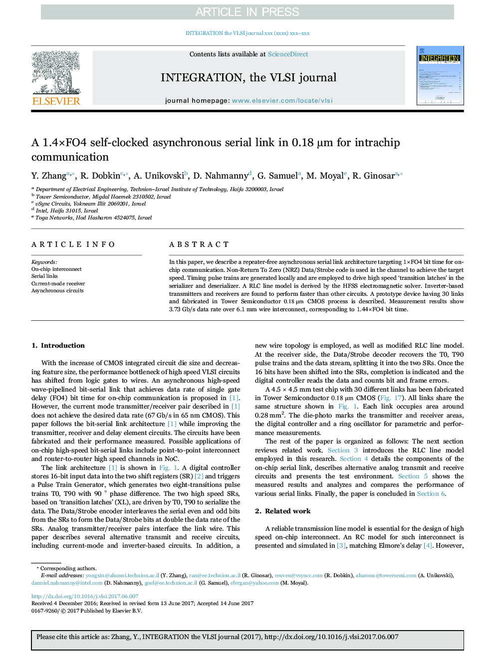 A 1.4ÃFO4 self-clocked asynchronous serial link in 0.18Â Âµm for intrachip communication