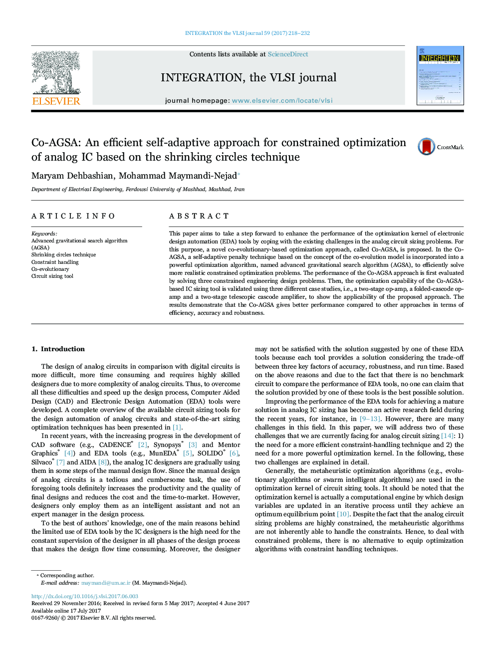 Co-AGSA: An efficient self-adaptive approach for constrained optimization of analog IC based on the shrinking circles technique