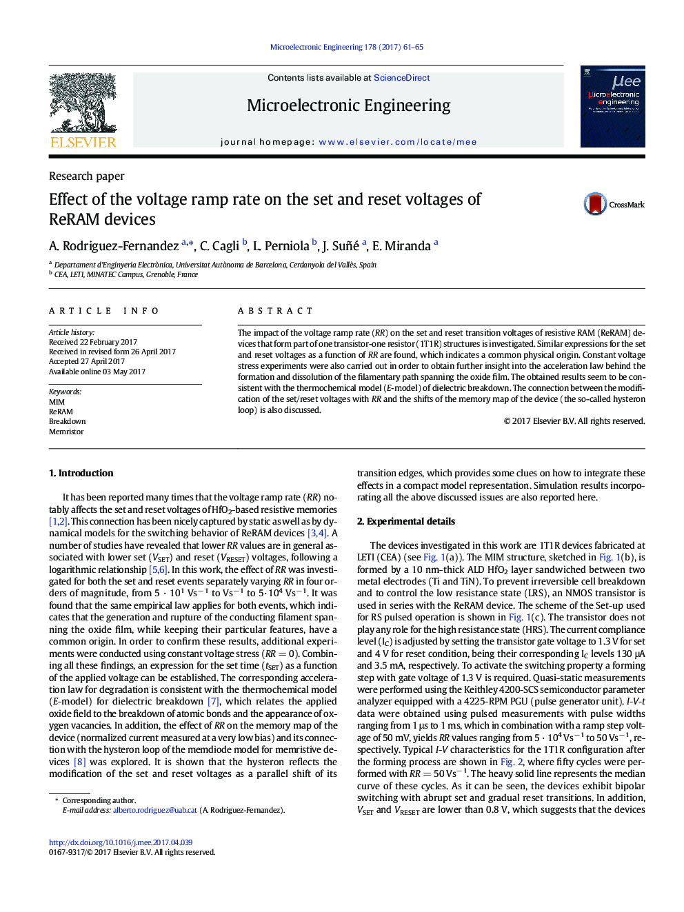 Effect of the voltage ramp rate on the set and reset voltages of ReRAM devices