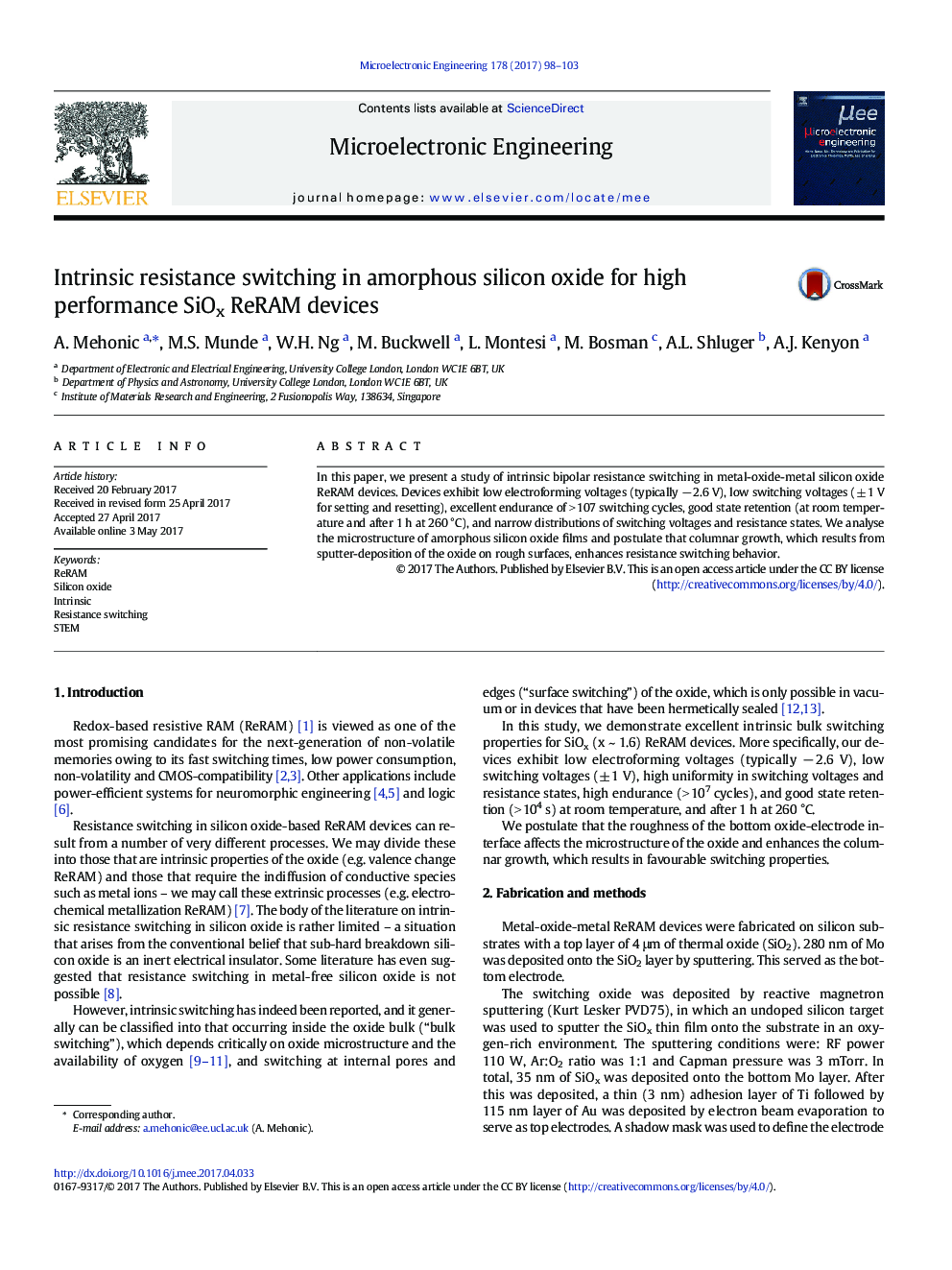 عکس صفحه اول مقاله: Intrinsic resistance switching in amorphous silicon oxide for high performance SiOx ReRAM devices Intrinsic resistance switching in amorphous silicon oxide for high performance SiOx ReRAM devices