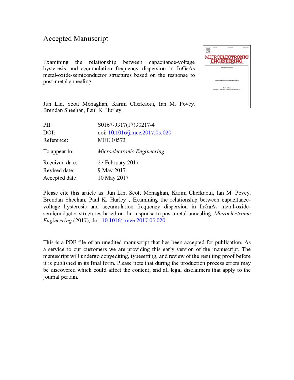 Examining the relationship between capacitance-voltage hysteresis and accumulation frequency dispersion in InGaAs metal-oxide-semiconductor structures based on the response to post-metal annealing