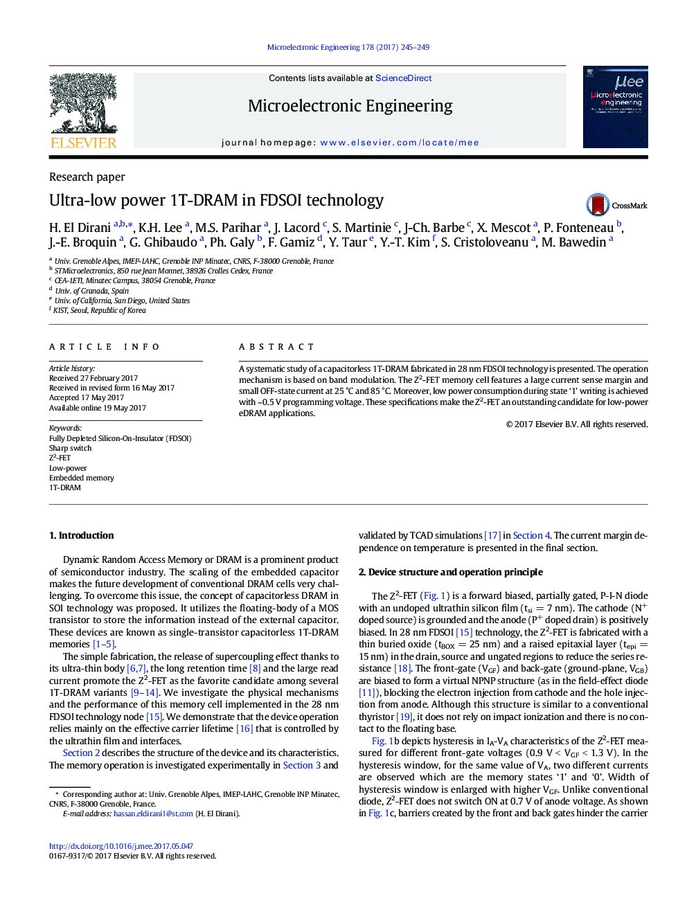 Ultra-low power 1T-DRAM in FDSOI technology