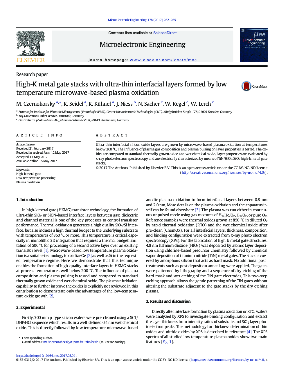 High-K metal gate stacks with ultra-thin interfacial layers formed by low temperature microwave-based plasma oxidation