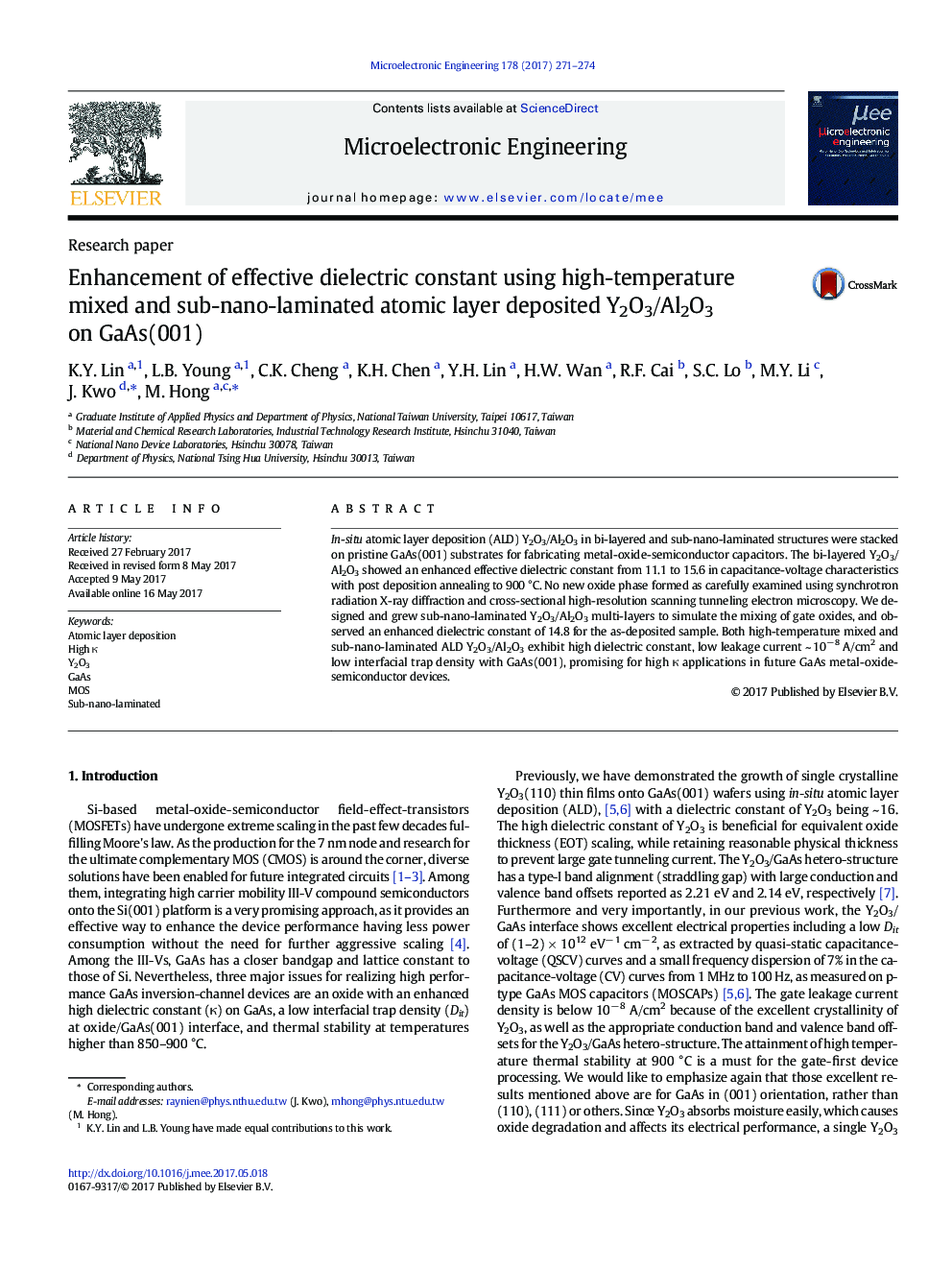 Enhancement of effective dielectric constant using high-temperature mixed and sub-nano-laminated atomic layer deposited Y2O3/Al2O3 on GaAs(001)