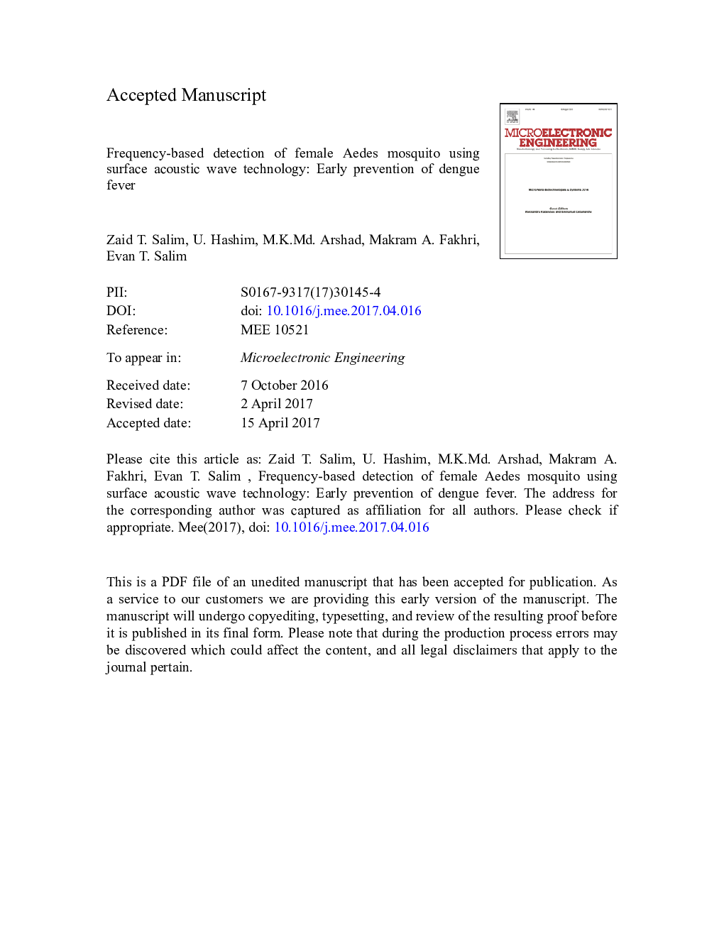 Frequency-based detection of female Aedes mosquito using surface acoustic wave technology: Early prevention of dengue fever