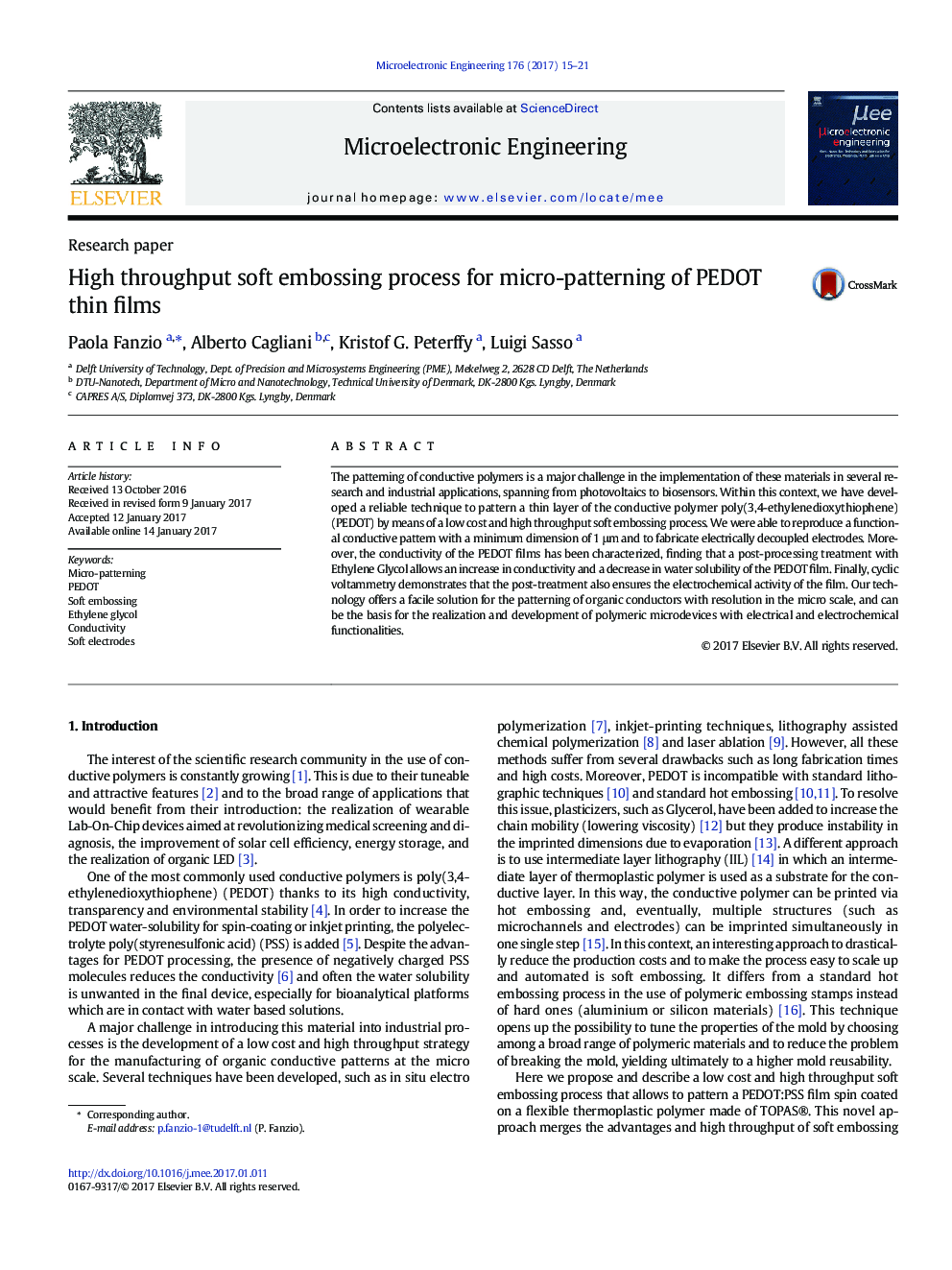 High throughput soft embossing process for micro-patterning of PEDOT thin films