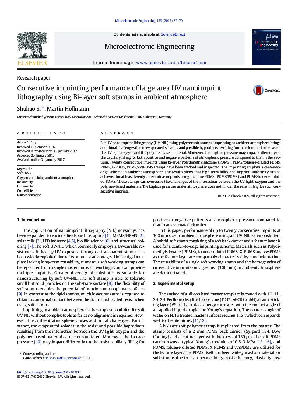 Consecutive imprinting performance of large area UV nanoimprint lithography using Bi-layer soft stamps in ambient atmosphere