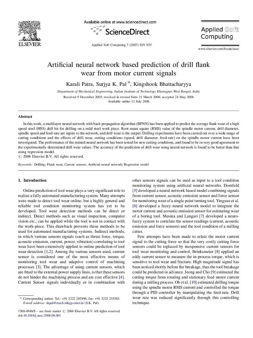 Artificial neural network based prediction of drill flank wear from motor current signals