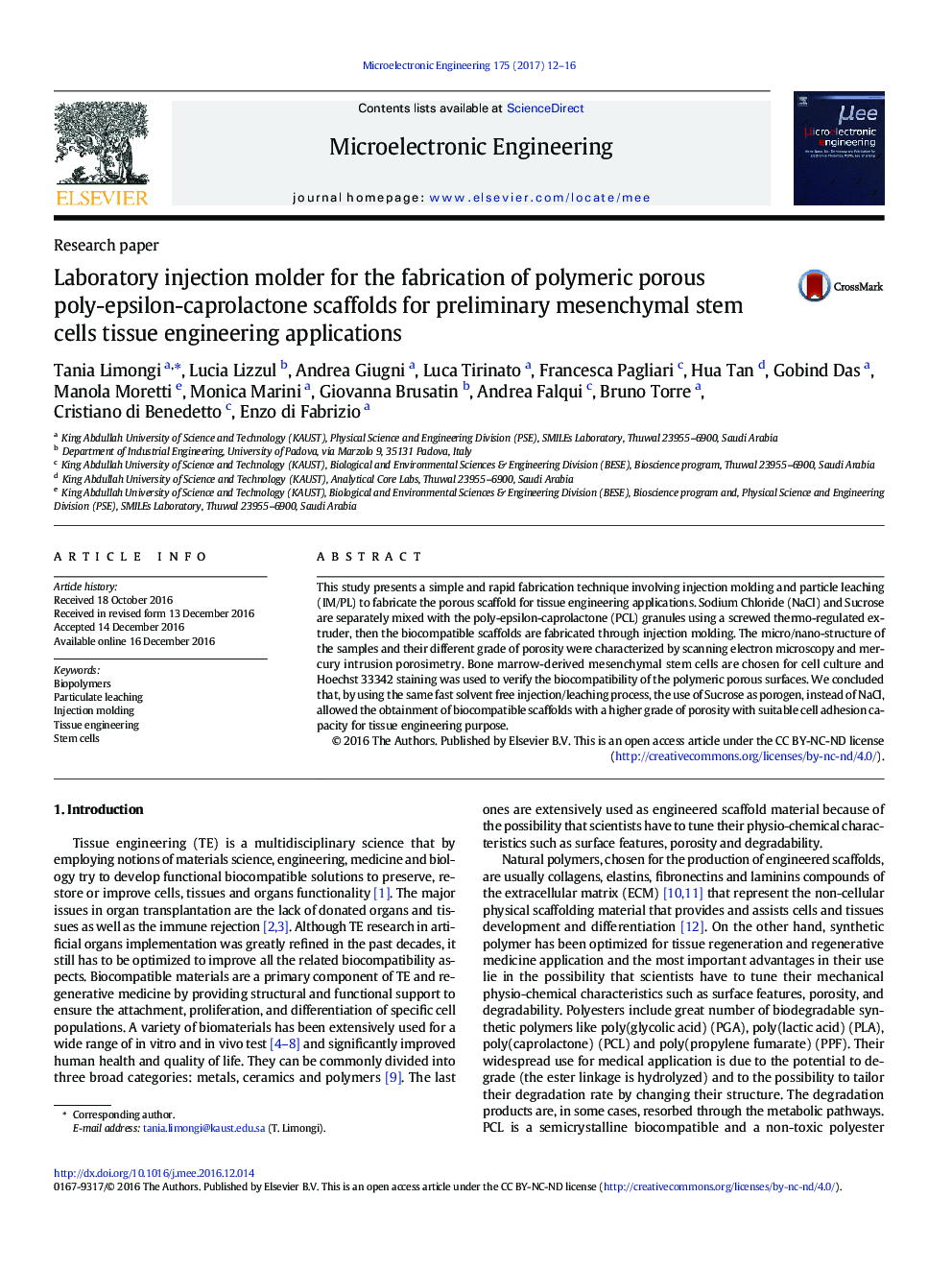 Laboratory injection molder for the fabrication of polymeric porous poly-epsilon-caprolactone scaffolds for preliminary mesenchymal stem cells tissue engineering applications