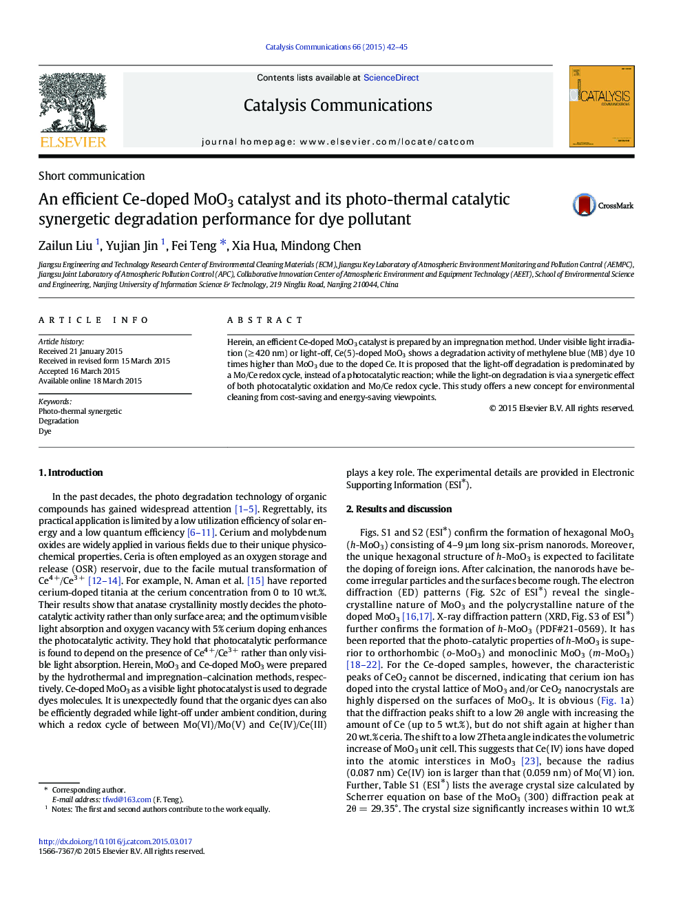An efficient Ce-doped MoO3 catalyst and its photo-thermal catalytic synergetic degradation performance for dye pollutant