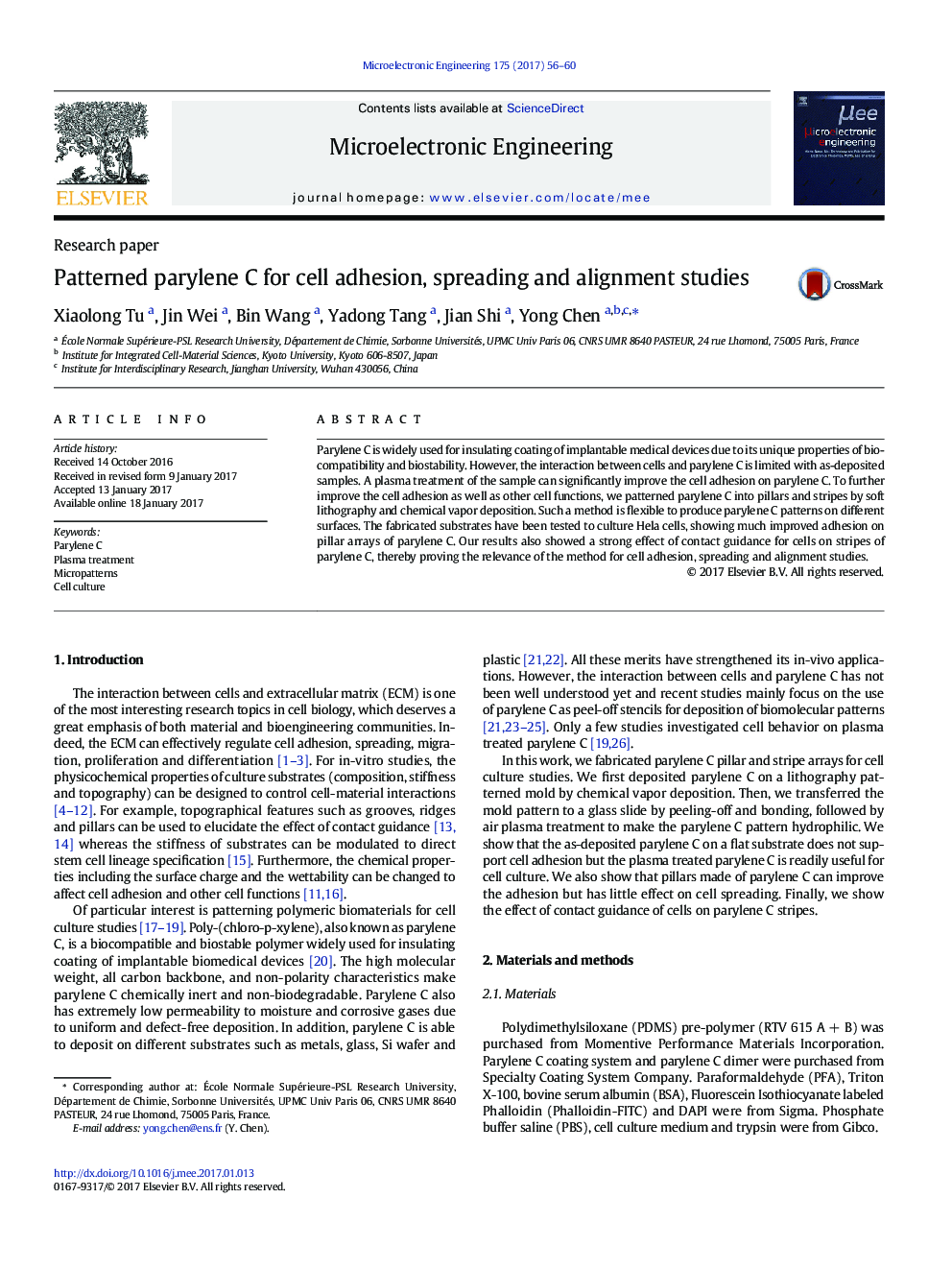 Patterned parylene C for cell adhesion, spreading and alignment studies