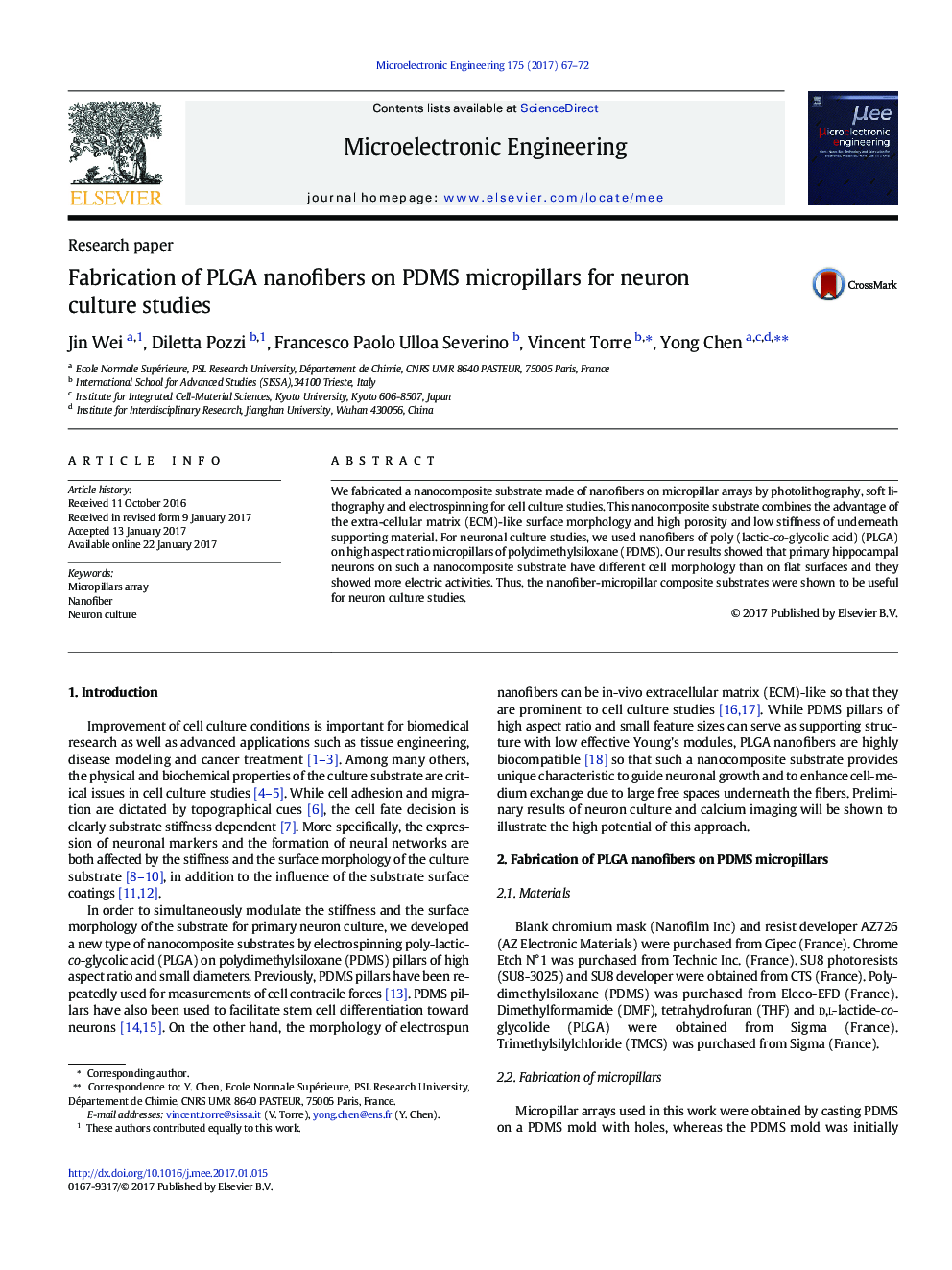 Fabrication of PLGA nanofibers on PDMS micropillars for neuron culture studies