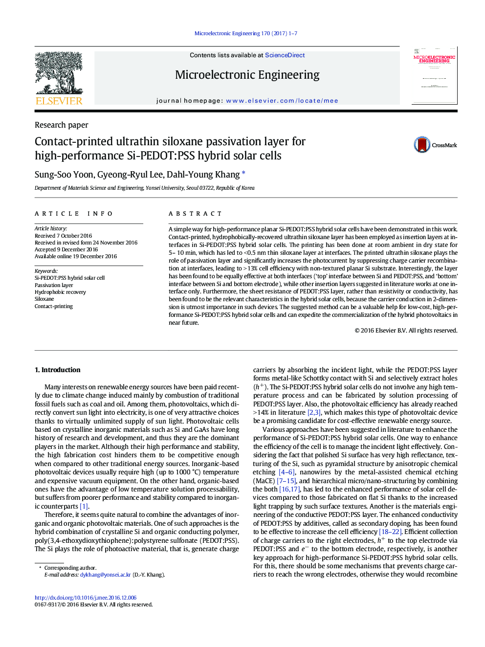 Contact-printed ultrathin siloxane passivation layer for high-performance Si-PEDOT:PSS hybrid solar cells