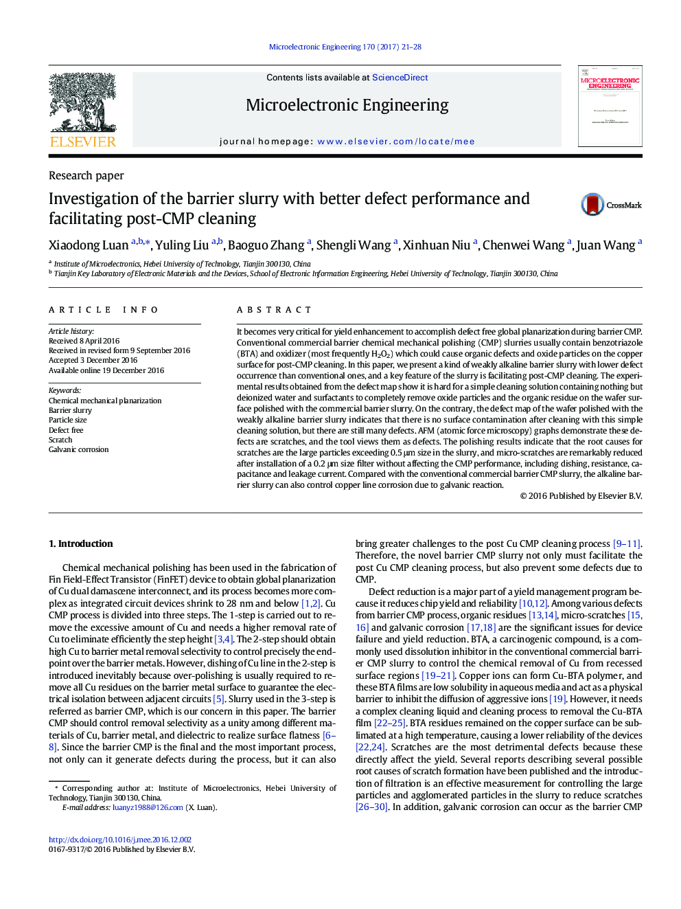 Investigation of the barrier slurry with better defect performance and facilitating post-CMP cleaning