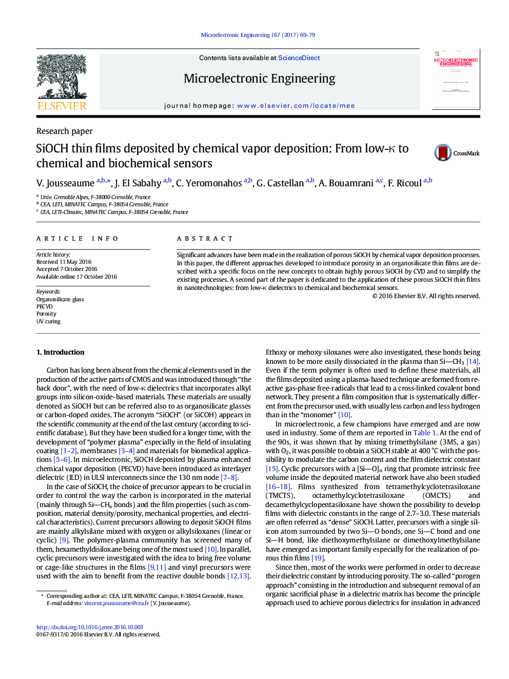 SiOCH thin films deposited by chemical vapor deposition: From low-Îº to chemical and biochemical sensors