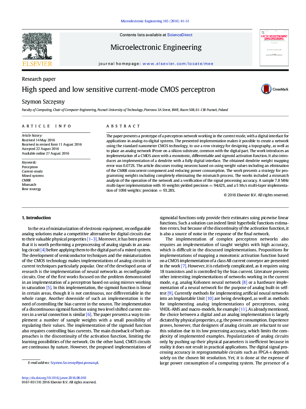 High speed and low sensitive current-mode CMOS perceptron