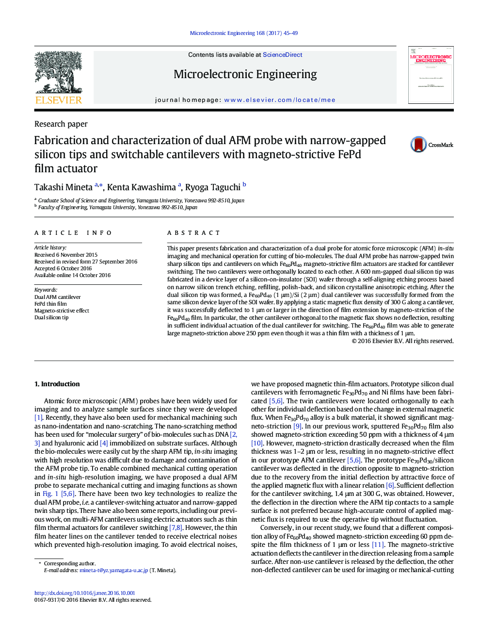 Fabrication and characterization of dual AFM probe with narrow-gapped silicon tips and switchable cantilevers with magneto-strictive FePd film actuator