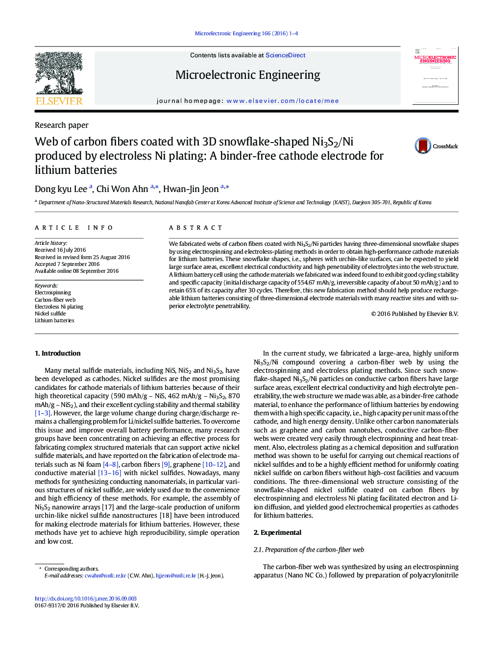 Web of carbon fibers coated with 3D snowflake-shaped Ni3S2/Ni produced by electroless Ni plating: A binder-free cathode electrode for lithium batteries