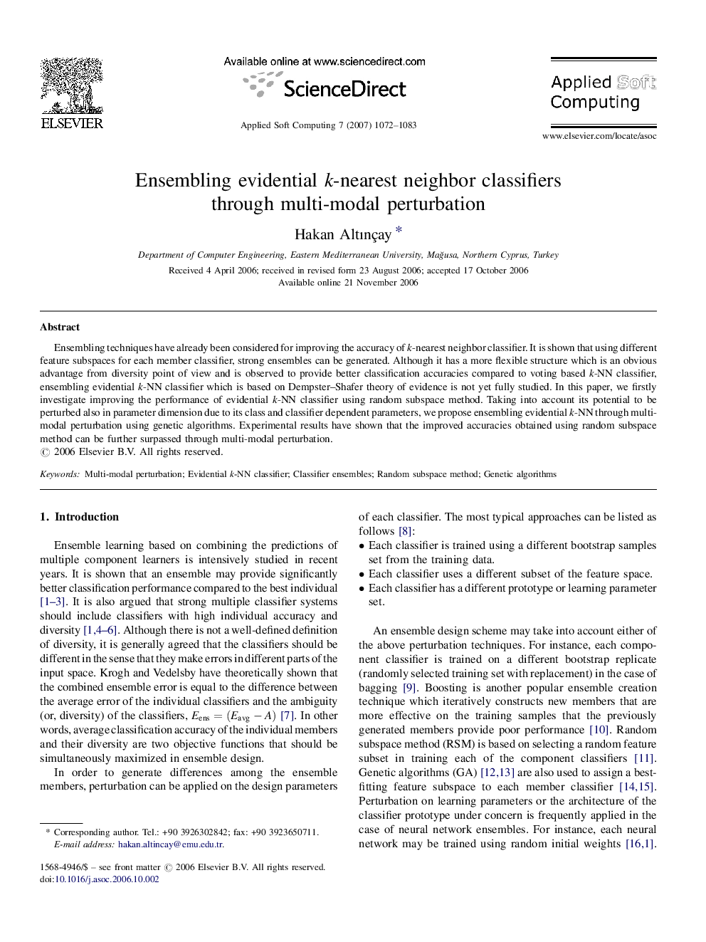 Ensembling evidential k-nearest neighbor classifiers through multi-modal perturbation