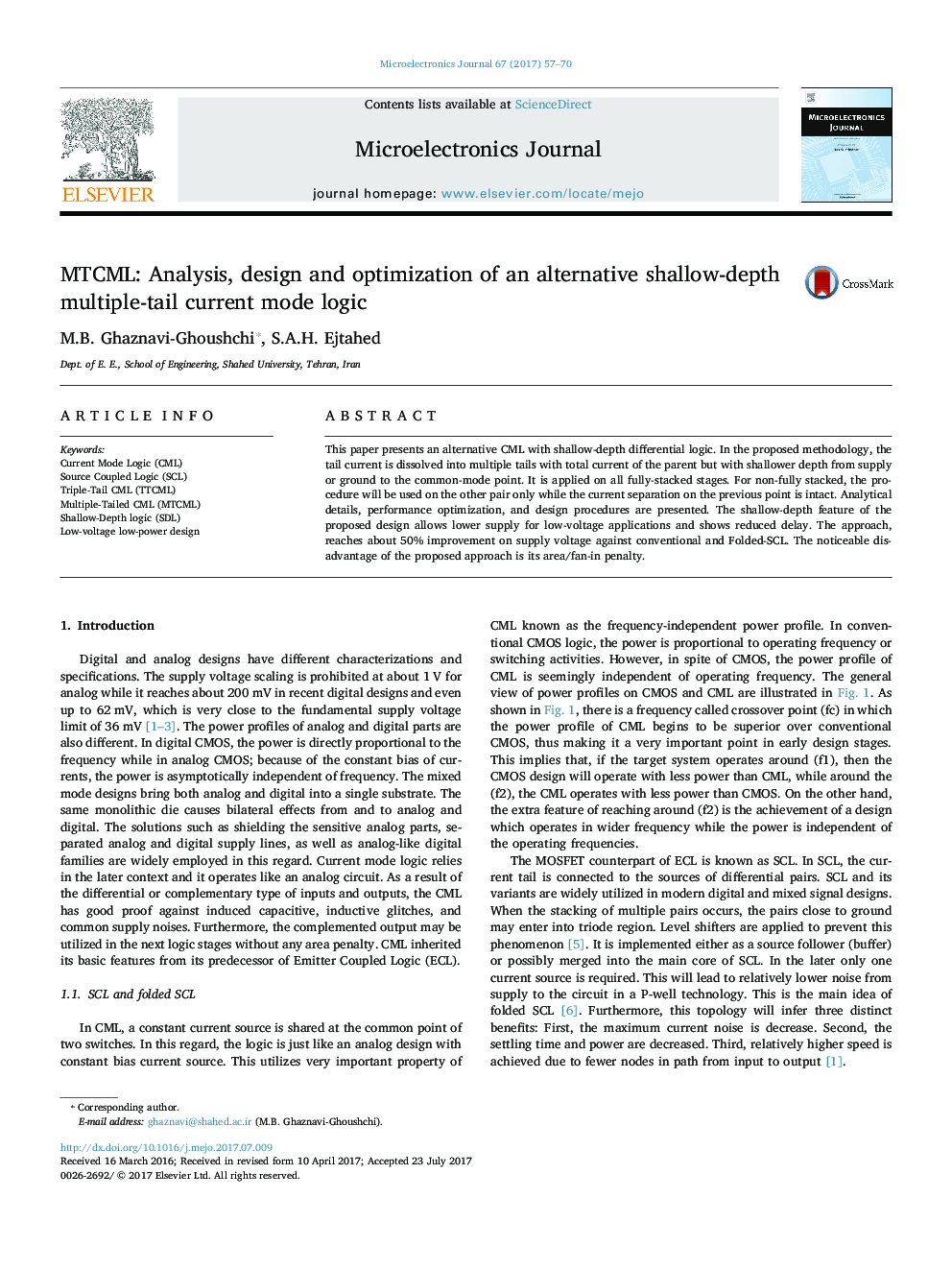 MTCML: Analysis, design and optimization of an alternative shallow-depth multiple-tail current mode logic