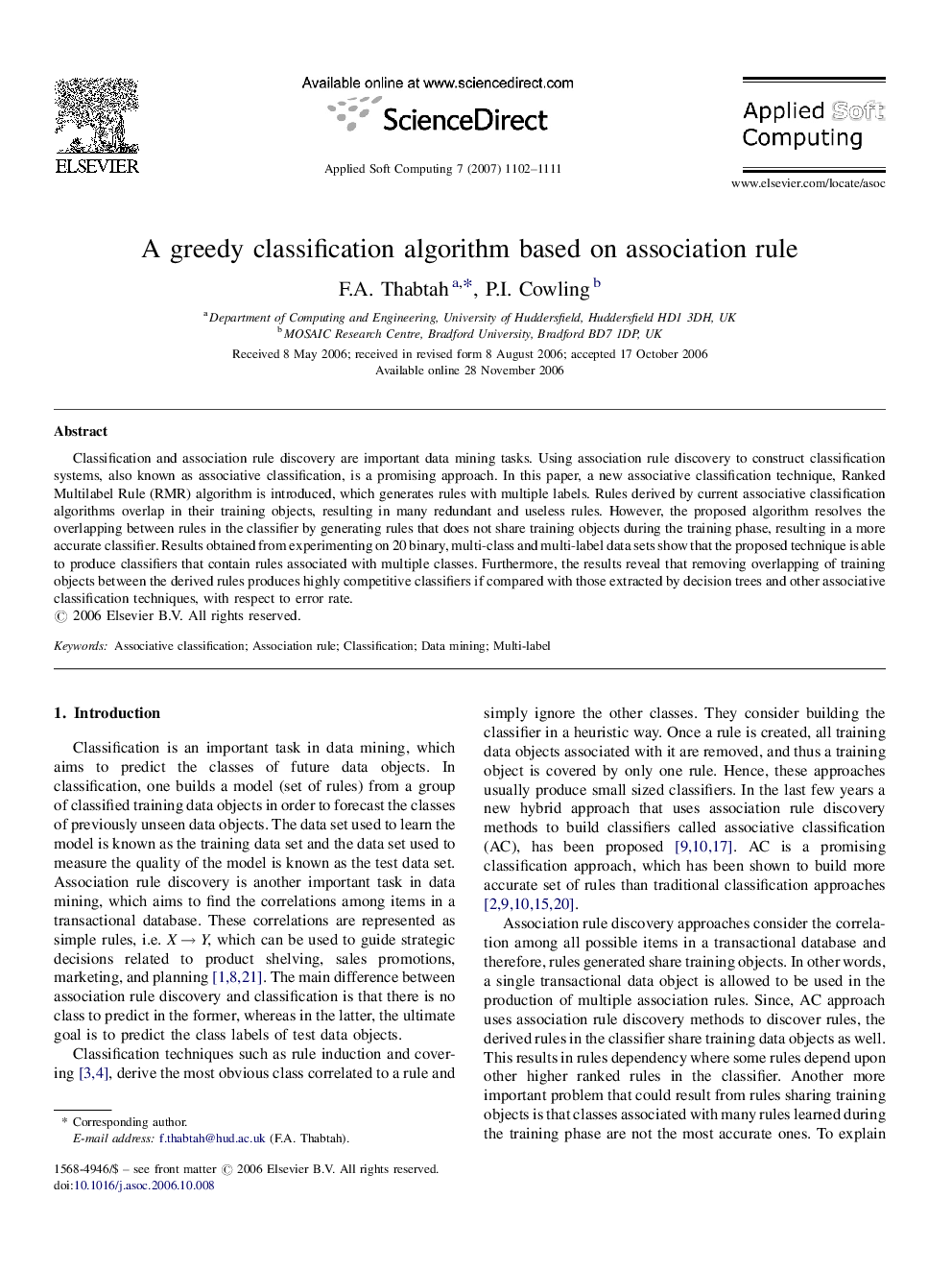 A greedy classification algorithm based on association rule