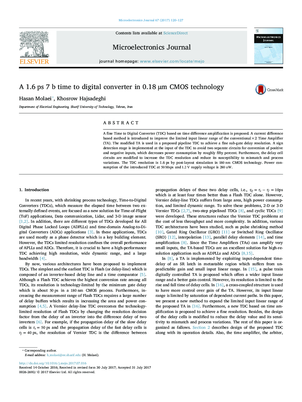 A 1.6Â ps 7Â b time to digital converter in 0.18Â Âµm CMOS technology