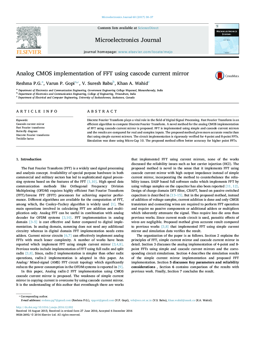 Analog CMOS implementation of FFT using cascode current mirror