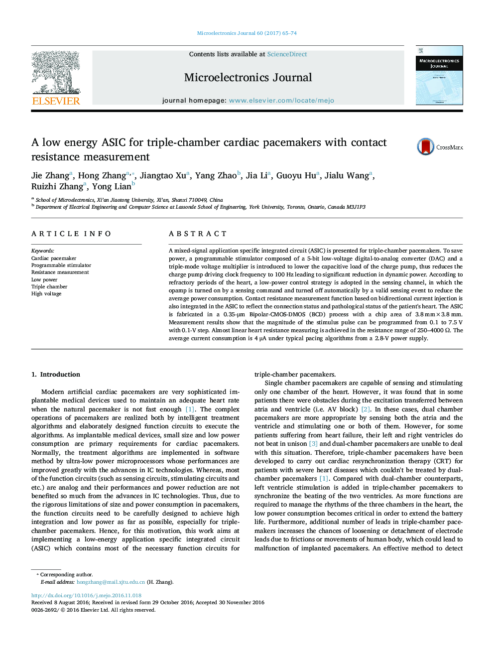 A low energy ASIC for triple-chamber cardiac pacemakers with contact resistance measurement