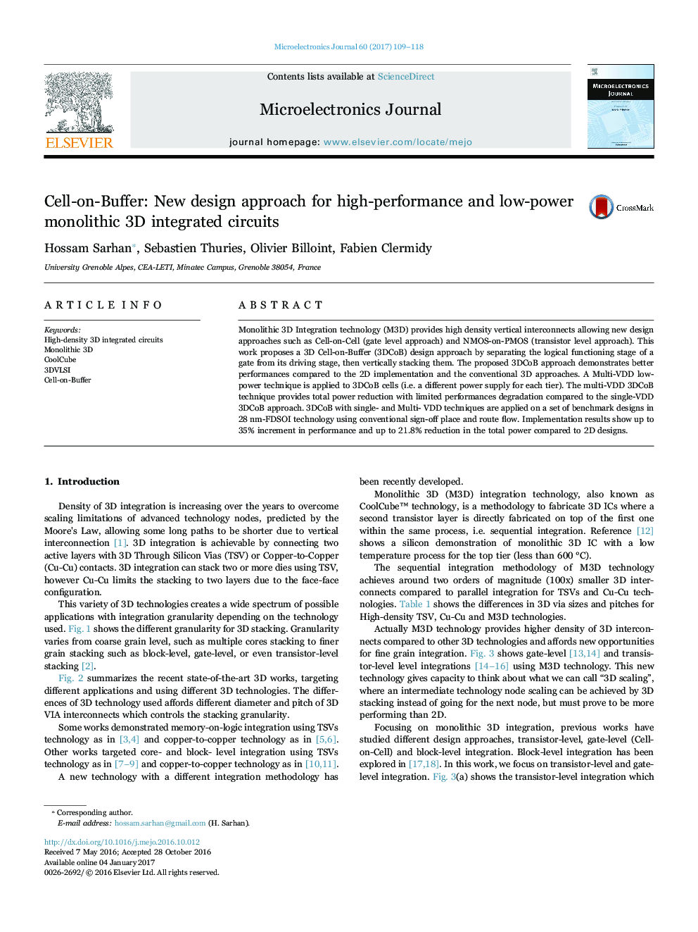 Cell-on-Buffer: New design approach for high-performance and low-power monolithic 3D integrated circuits