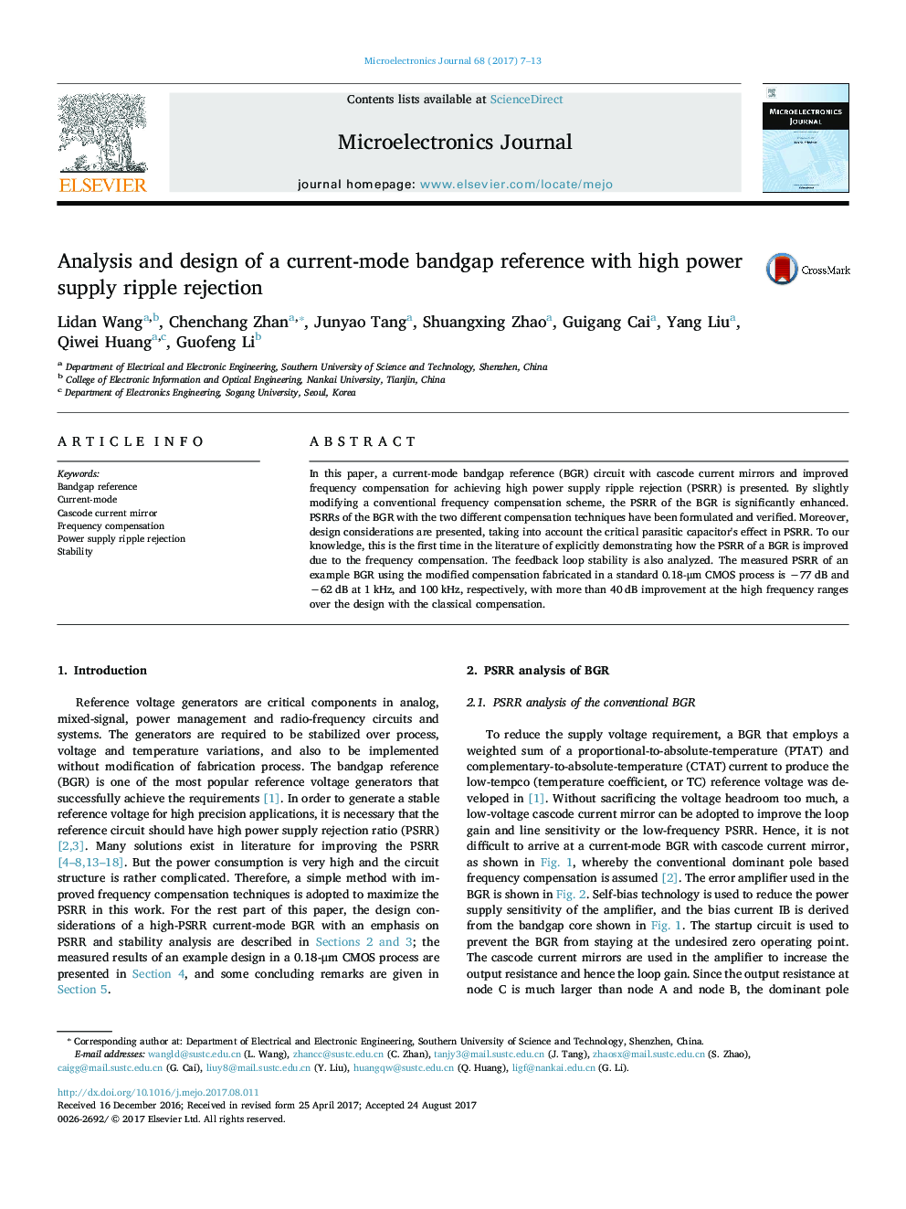 Analysis and design of a current-mode bandgap reference with high power supply ripple rejection