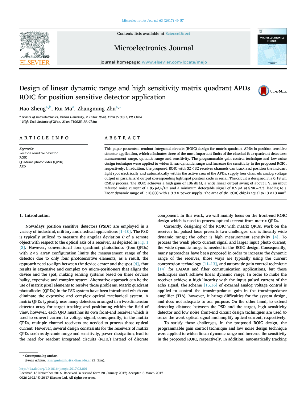 Design of linear dynamic range and high sensitivity matrix quadrant APDs ROIC for position sensitive detector application