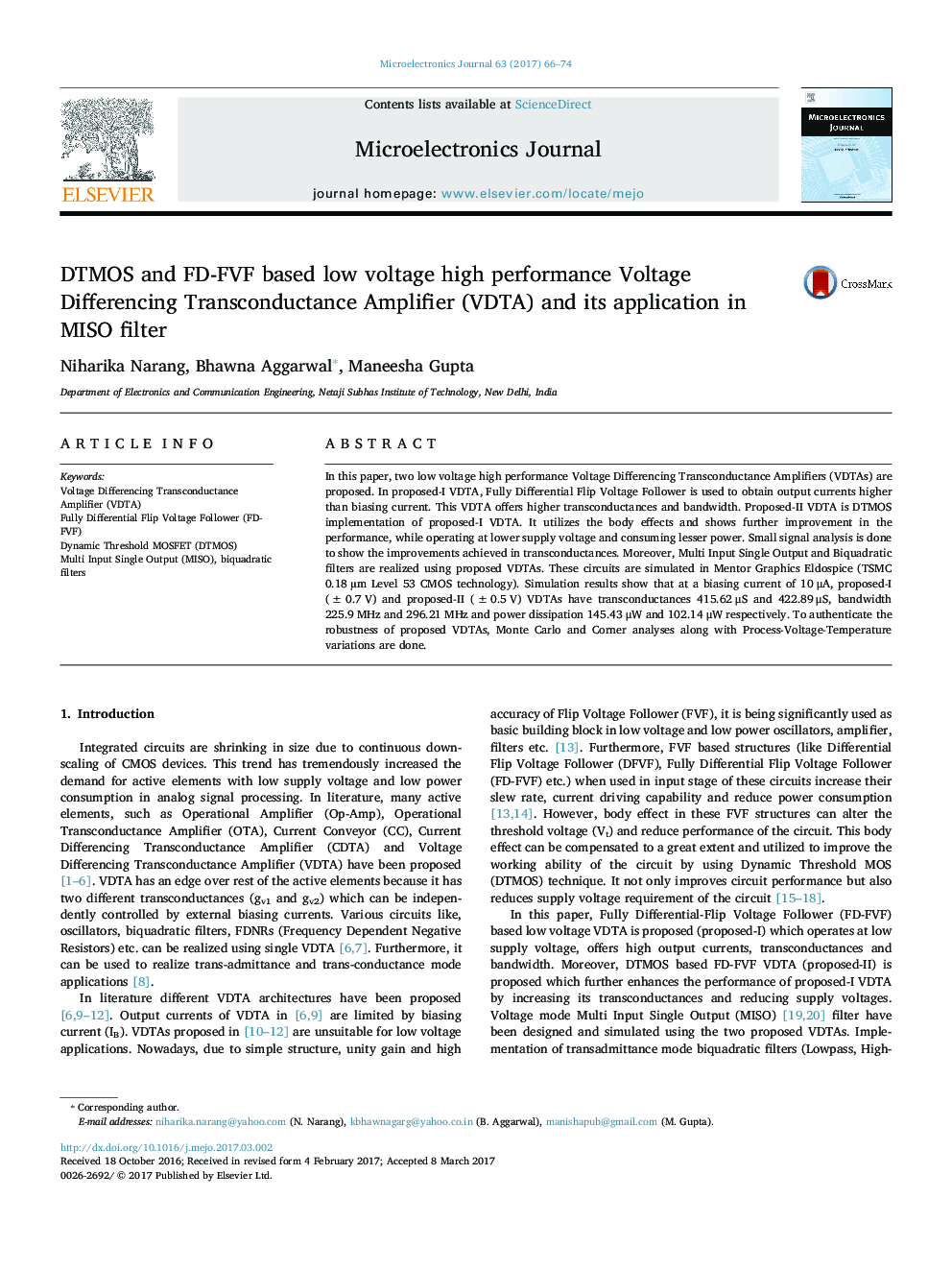 DTMOS and FD-FVF based low voltage high performance Voltage Differencing Transconductance Amplifier (VDTA) and its application in MISO filter