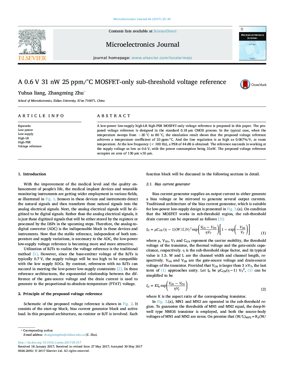 A 0.6Â V 31Â nW 25Â ppm/Â°C MOSFET-only sub-threshold voltage reference