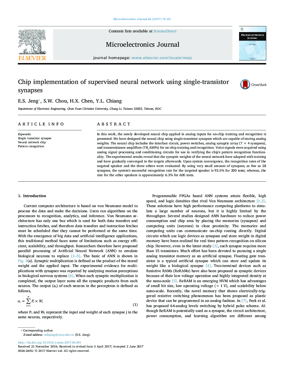 Chip implementation of supervised neural network using single-transistor synapses