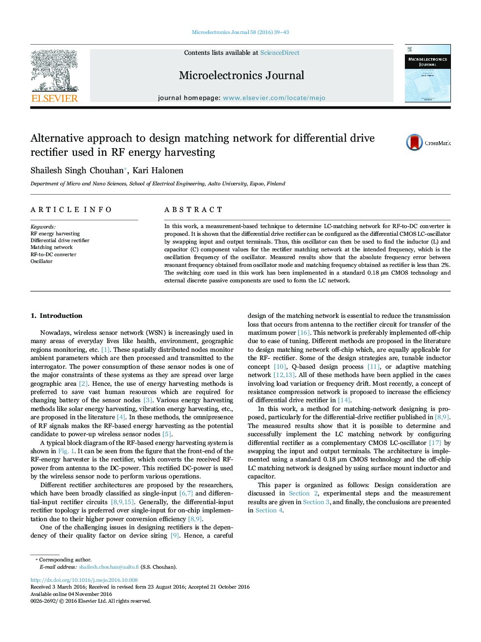 Alternative approach to design matching network for differential drive rectifier used in RF energy harvesting