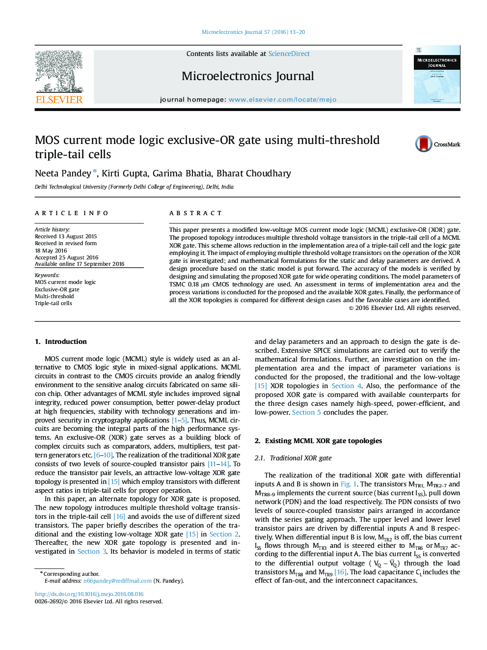 عکس صفحه اول مقاله: MOS current mode logic exclusive-OR gate using multi-threshold triple-tail cells MOS current mode logic exclusive-OR gate using multi-threshold triple-tail cells