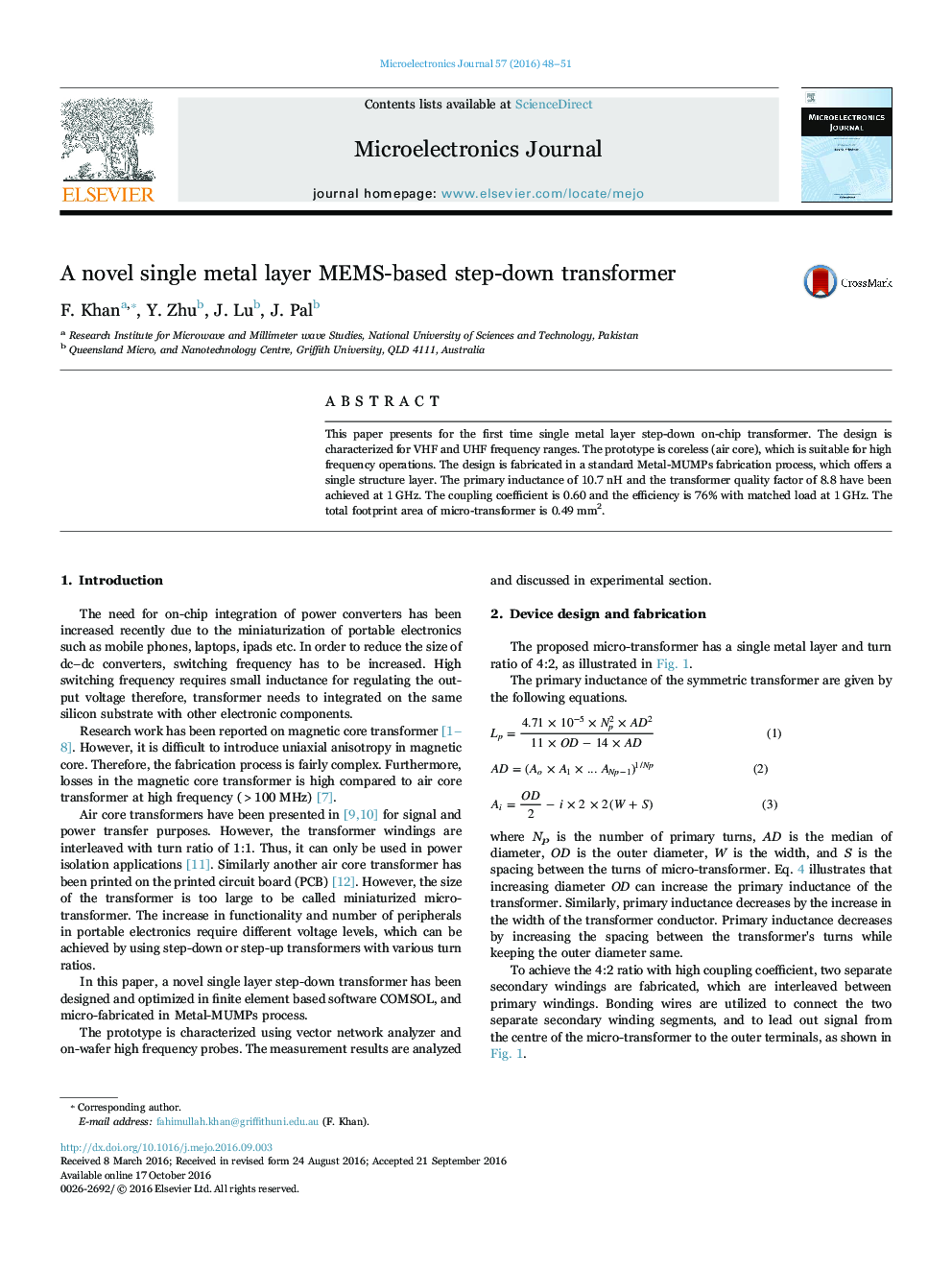 عکس صفحه اول مقاله: A novel single metal layer MEMS-based step-down transformer A novel single metal layer MEMS-based step-down transformer