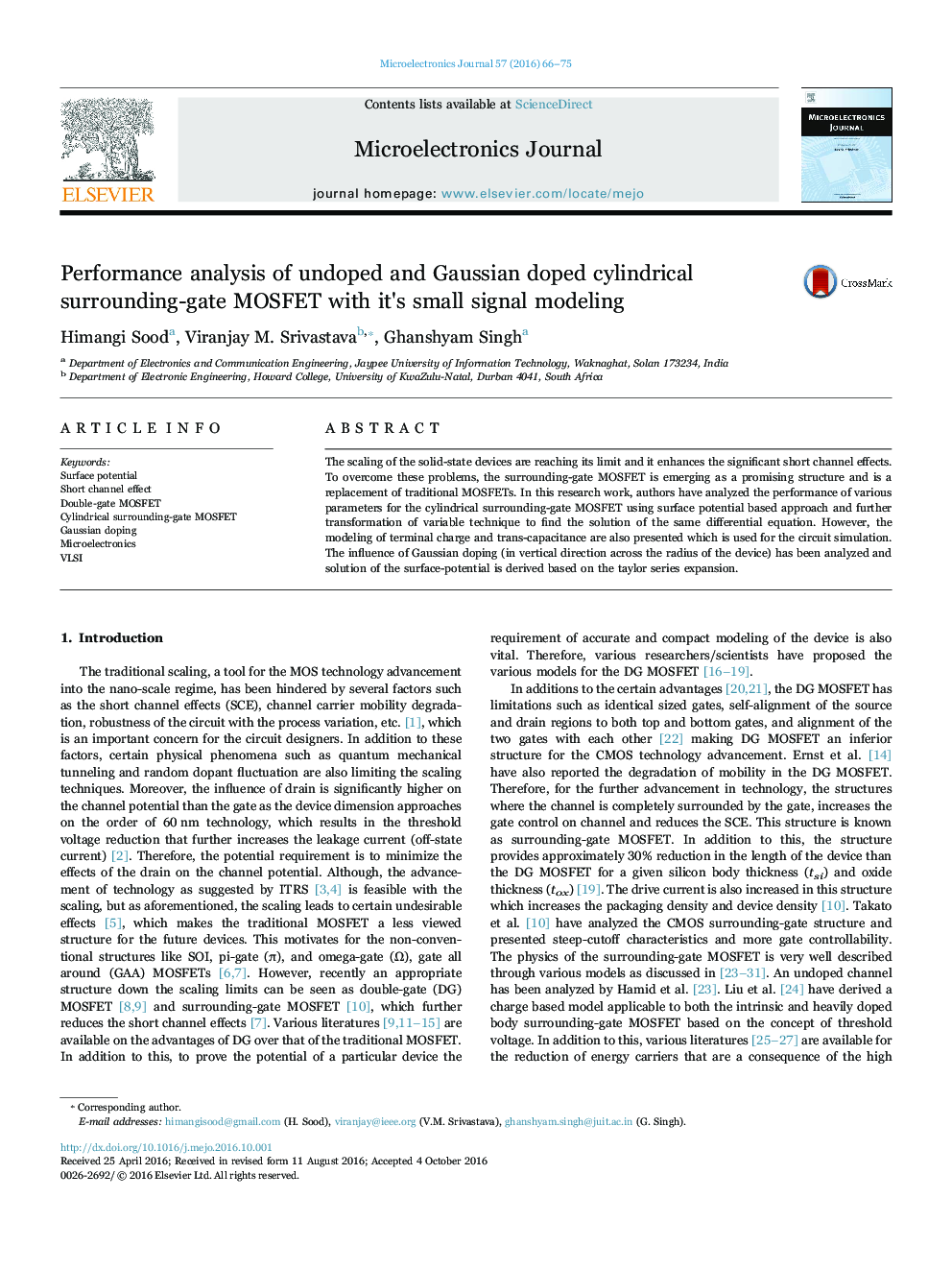 Performance analysis of undoped and Gaussian doped cylindrical surrounding-gate MOSFET with it's small signal modeling