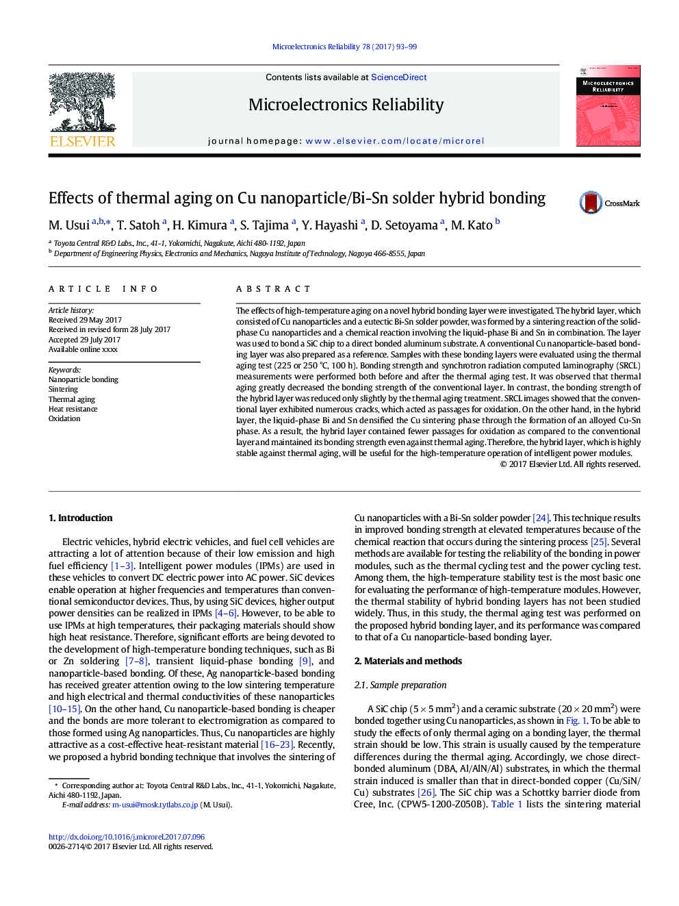 Effects of thermal aging on Cu nanoparticle/Bi-Sn solder hybrid bonding