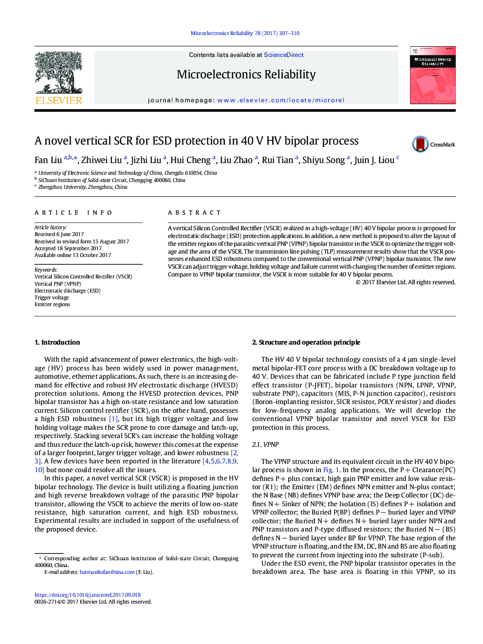 A novel vertical SCR for ESD protection in 40Â V HV bipolar process