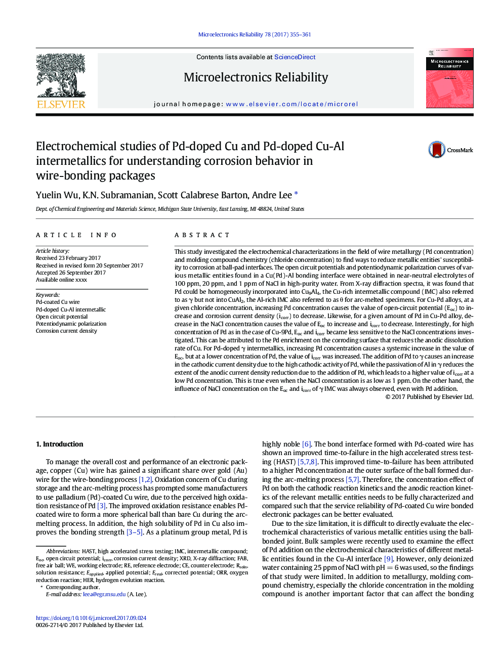 Electrochemical studies of Pd-doped Cu and Pd-doped Cu-Al intermetallics for understanding corrosion behavior in wire-bonding packages