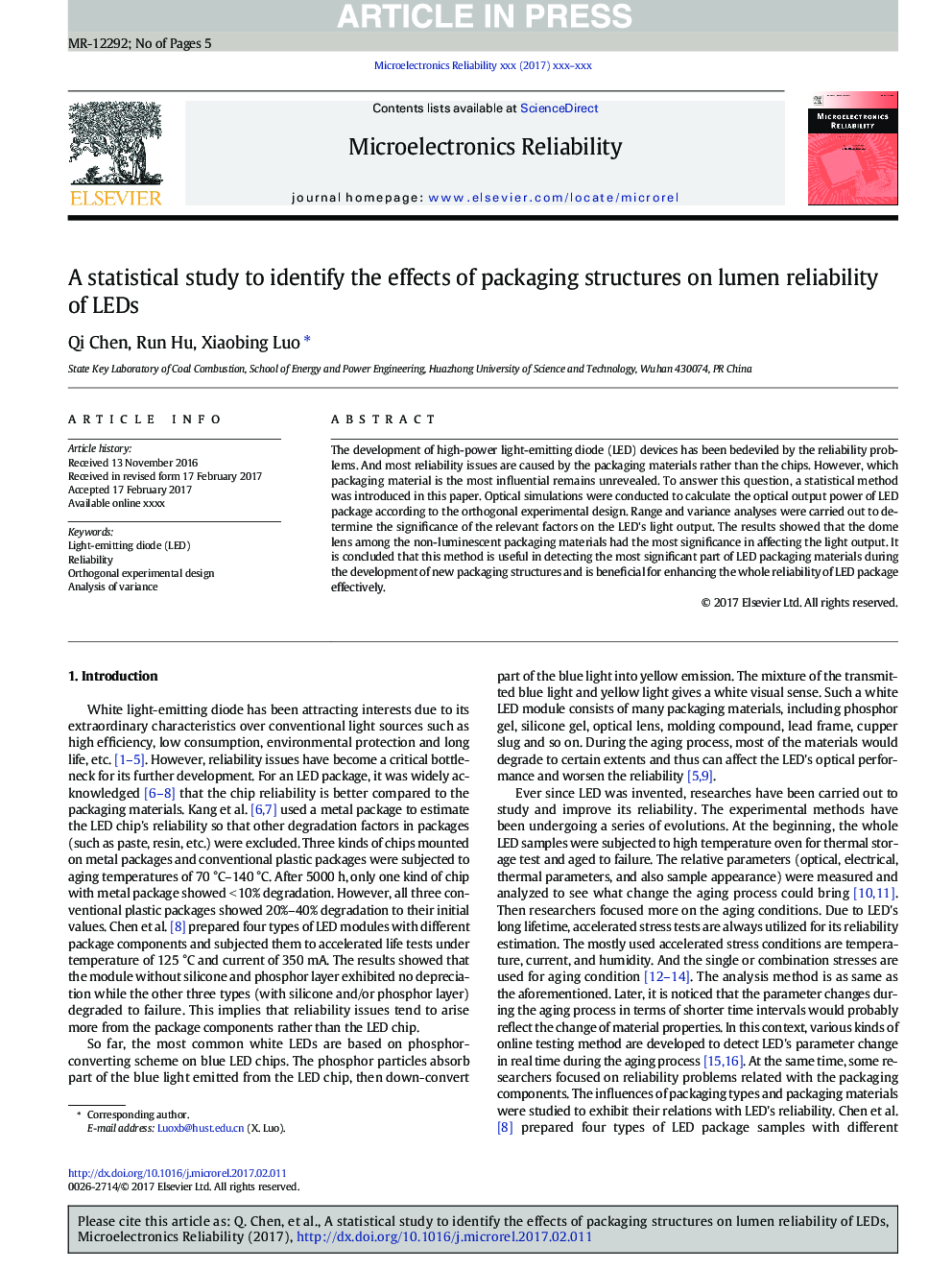 A statistical study to identify the effects of packaging structures on lumen reliability of LEDs