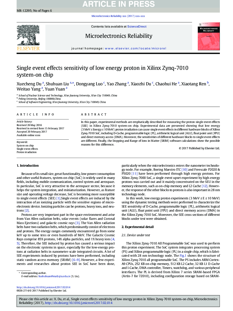 Single event effects sensitivity of low energy proton in Xilinx Zynq-7010 system-on chip