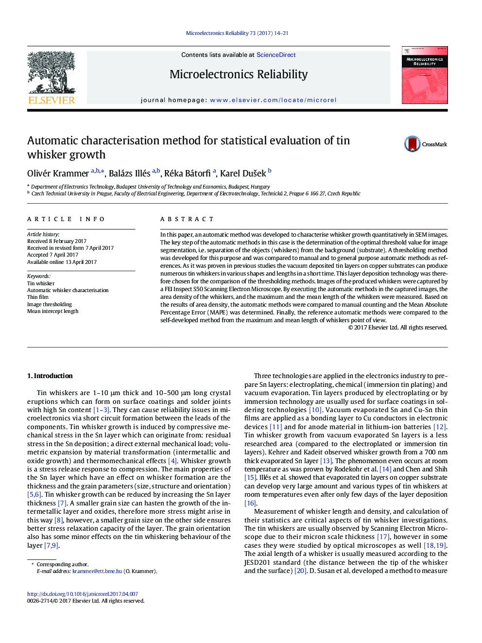 Automatic characterisation method for statistical evaluation of tin whisker growth