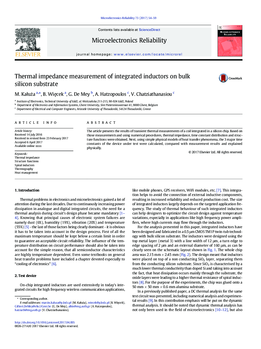 Thermal impedance measurement of integrated inductors on bulk silicon substrate